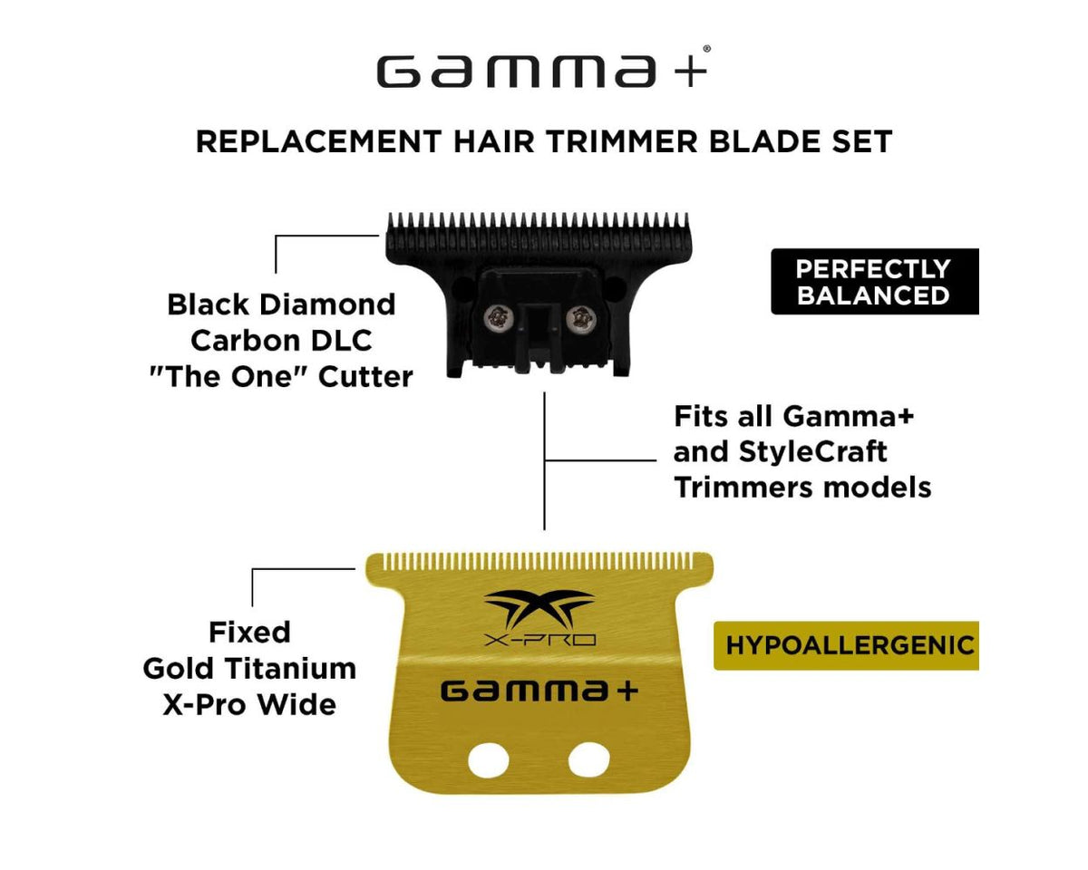 GAMMA+ WIDE GOLD TITANIUM FIXED BLADE & DLC THE ONE CUTTING TRIMMER BLADE SET